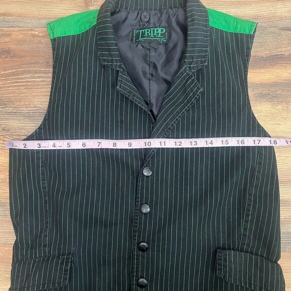 Y2K Tripp NYC black green pin striped men’s vest size small skull buttons goth - Picture 5 of 8